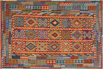 Flat Weave Kilim, Antique, Navaho, Vintage, Handmade, Geometric Kilim Rust Blue Hand-Woven Rectangle 100% Wool Area Rug 7 x 10
